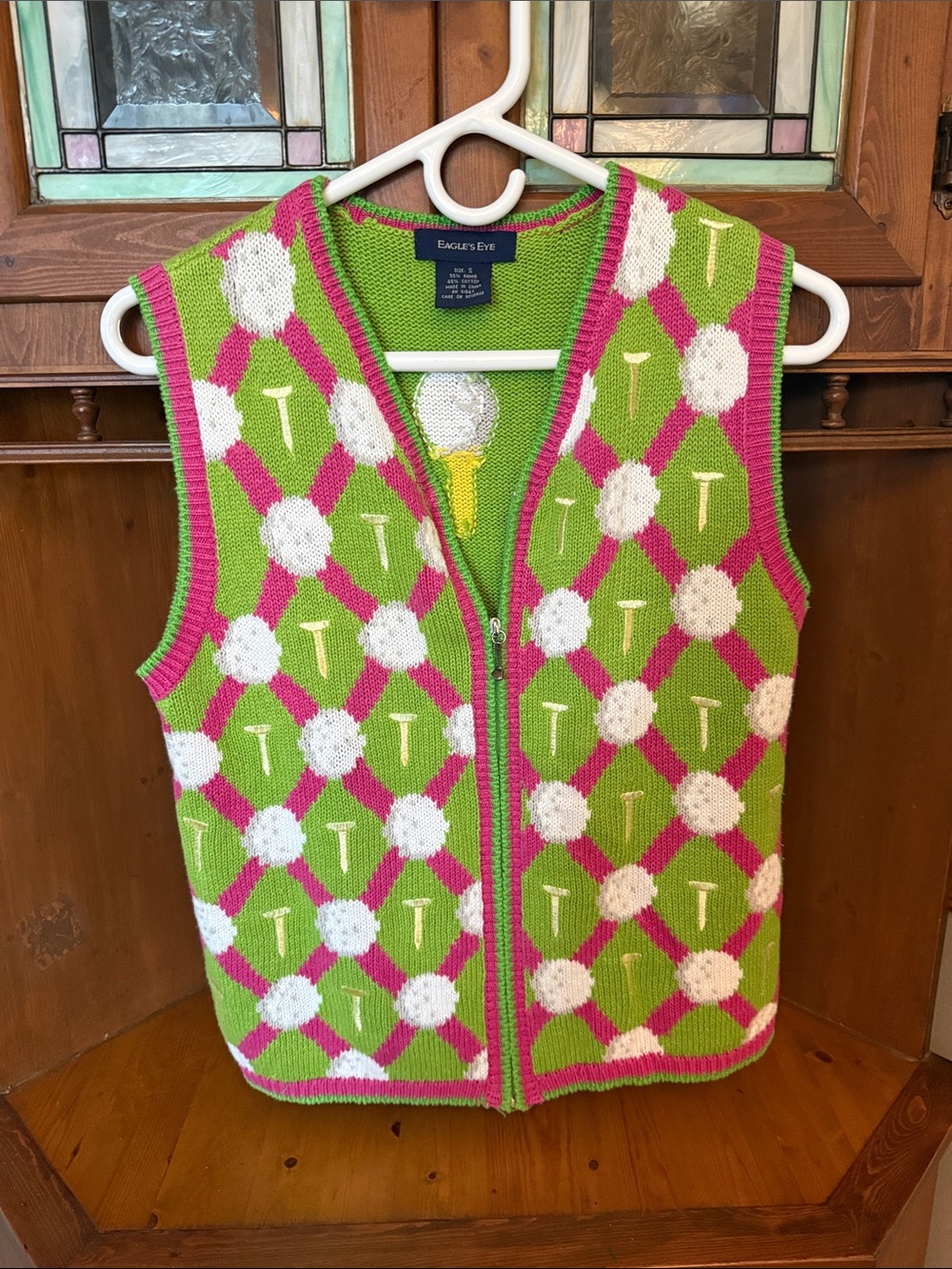 VTG Eagle’s Eye Golf Sweater Vest S Pink Green  Golf Balls Zip Up